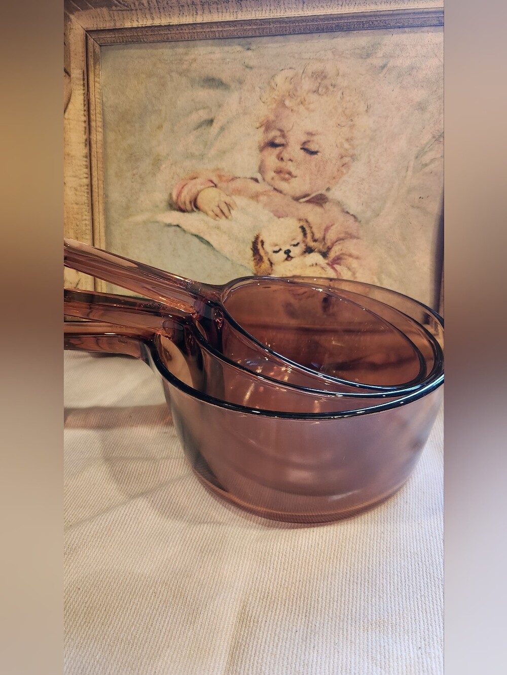 Visions FRANCE Amber Glass Saucepan Nesting Pans... Like NEW...UNUSED NO SCRATCH